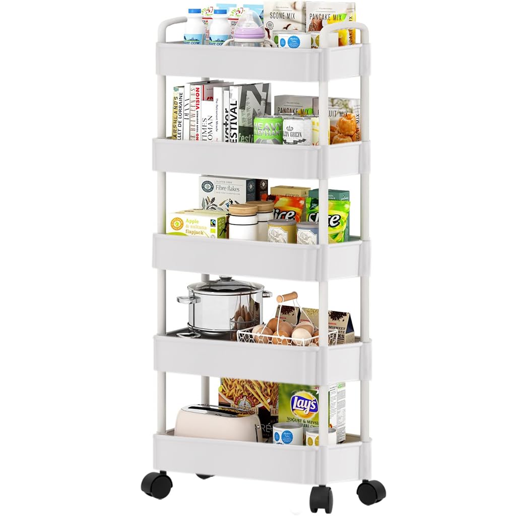 Supvox® 5-Tier Home Organizer Cart Kitchen Organizer Cart Assembly Organizer Shelf with Wheels Moving Accessories Organizer Home Organizer Cart Bedside Organizer Rack, 37.5x26x72cm