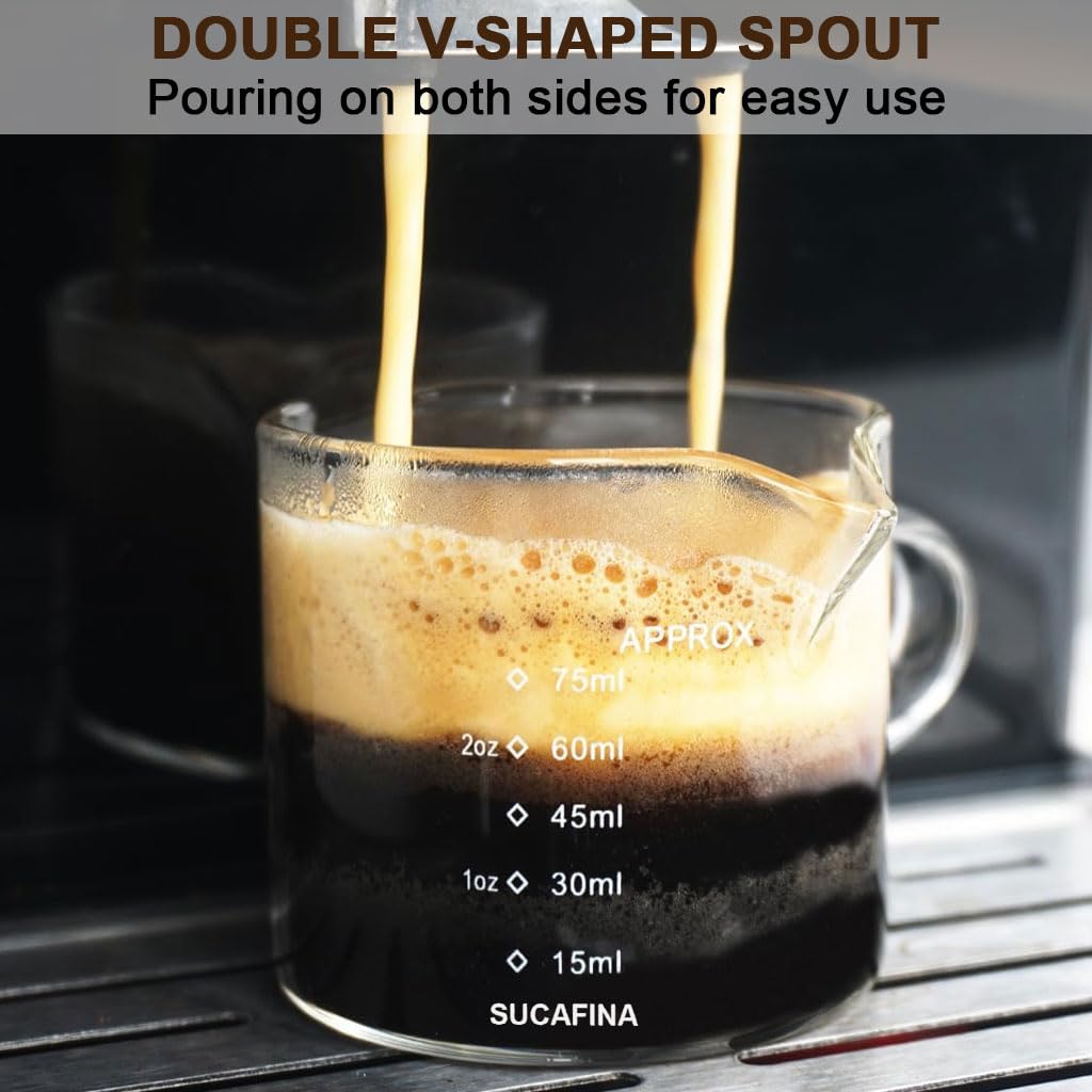 Supvox Espresso Shot Glass Set for Double Shots with Dual Side Pour Spout and Handle | 75ml Heat Resistant Borosilicate Glass