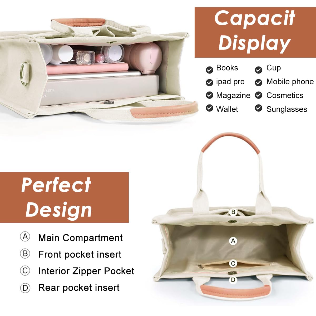 PALAY Tote Bag for Women with Removable Strap and Multi Compartments 32×14×25 cm Beige Canvas | Casual Crossbody Handbag