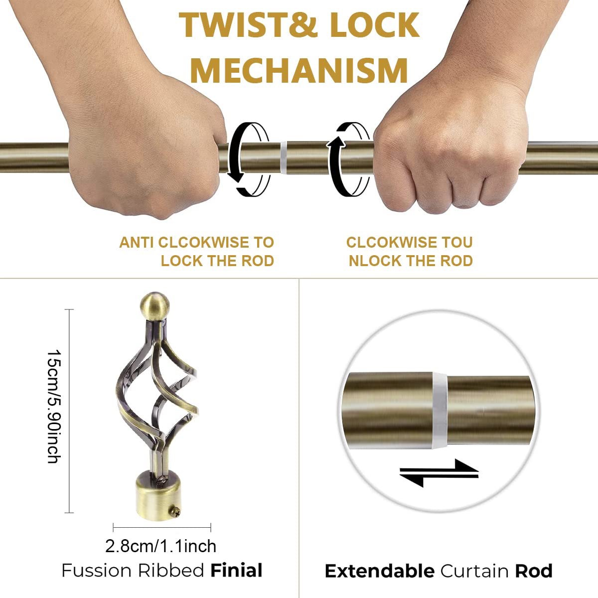 HASTHIP Curtain Rod for Windows adjustable 40 to 79 in with swirl finials and iron build | bronze finish