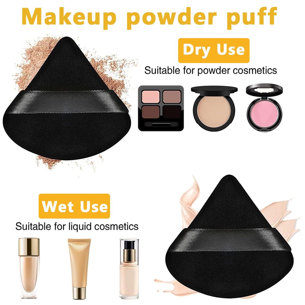 MAYCREATE® 4pcs Triangle Powder Puff Makeup Sponge Puff Makeup Puff for Face Powder Loose Powder, Skin-Friendly Beauty Makeup Tools, Wet and Dry Use - Black