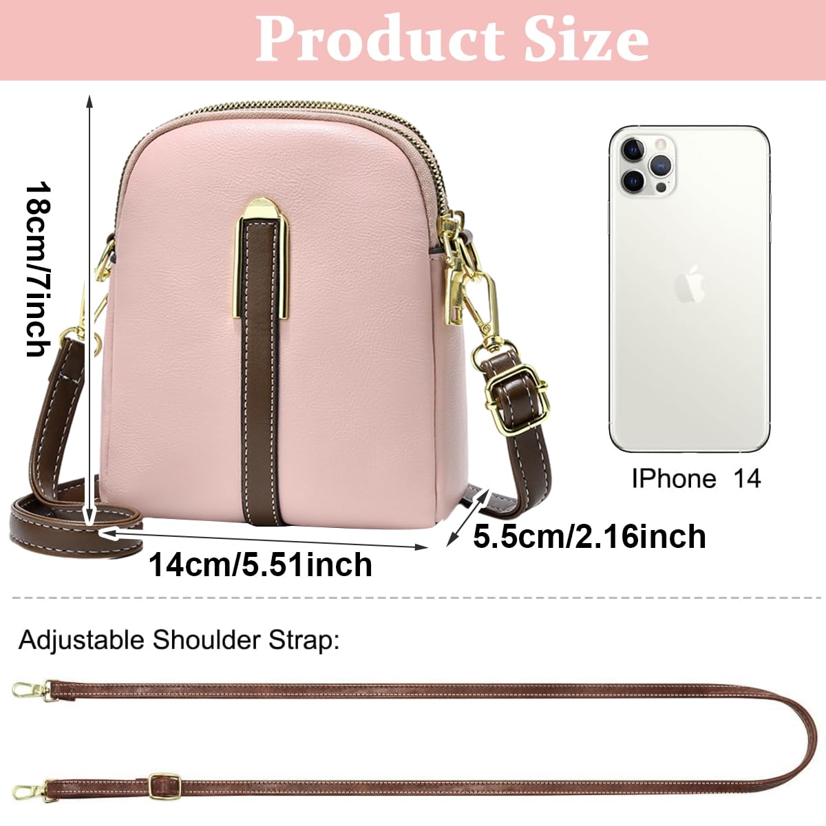 PALAY® Sling Bag Stylish PU Women Crossbody Bag Phone Bag Double Layer Daily Bag with Detachable Shoulder Belt Casual Shoulder Bag with Zipper Pouches Gift for Women, Pink