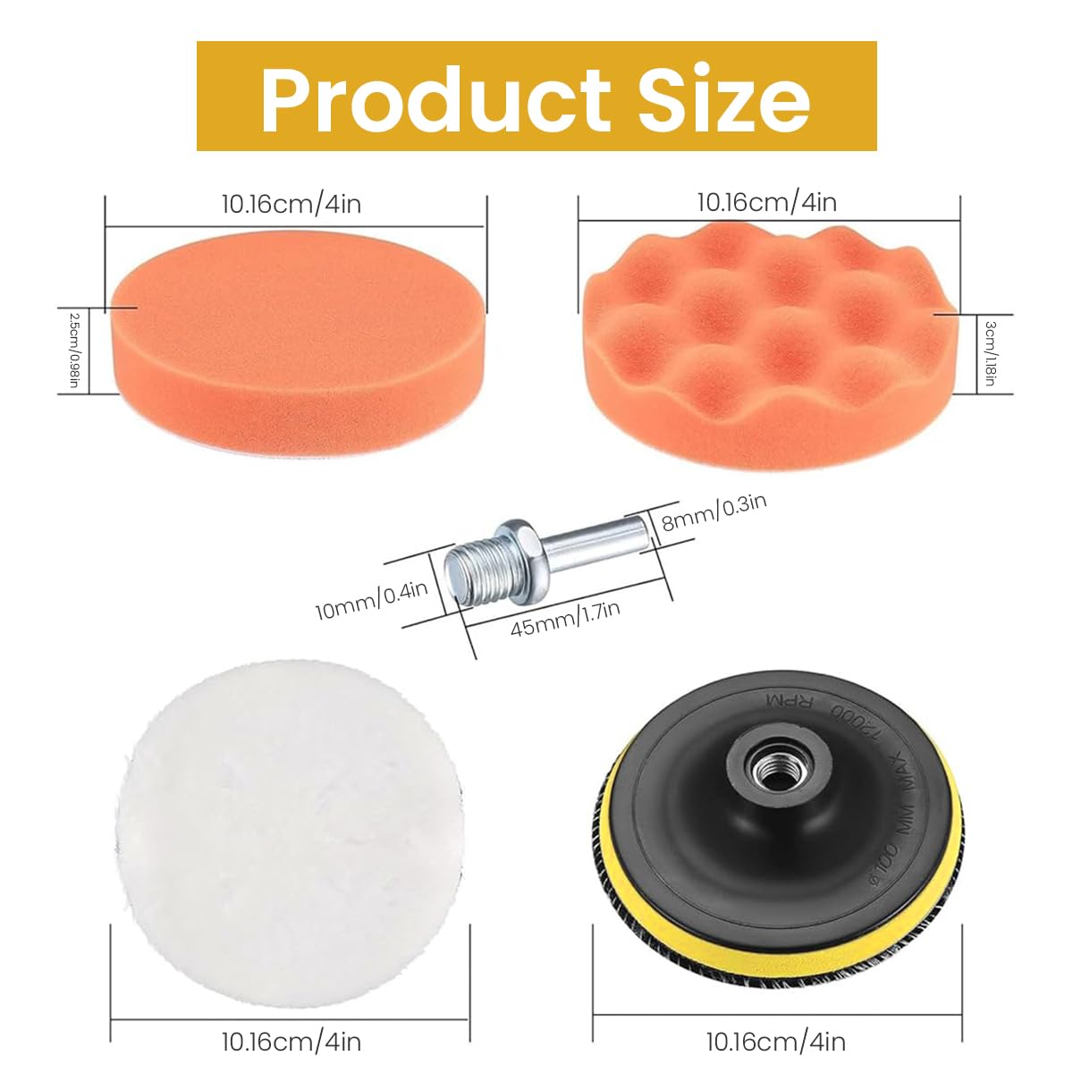 STHIRA® 4 Inches Car Polishing Pads Set with 7Pcs Sponge Polishing Pads, 1 Wool Buffing Pad & Backing Plate All-in-One Polishing Pads for Polishing, Finishing, Waxing, Detailing