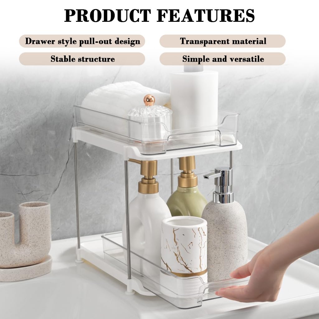 Supvox Bathroom Organizer for Kitchen and Under Sink Storage with Double Layer Pull Out Design | Clear PET Baskets 7.87x11.42x11 in