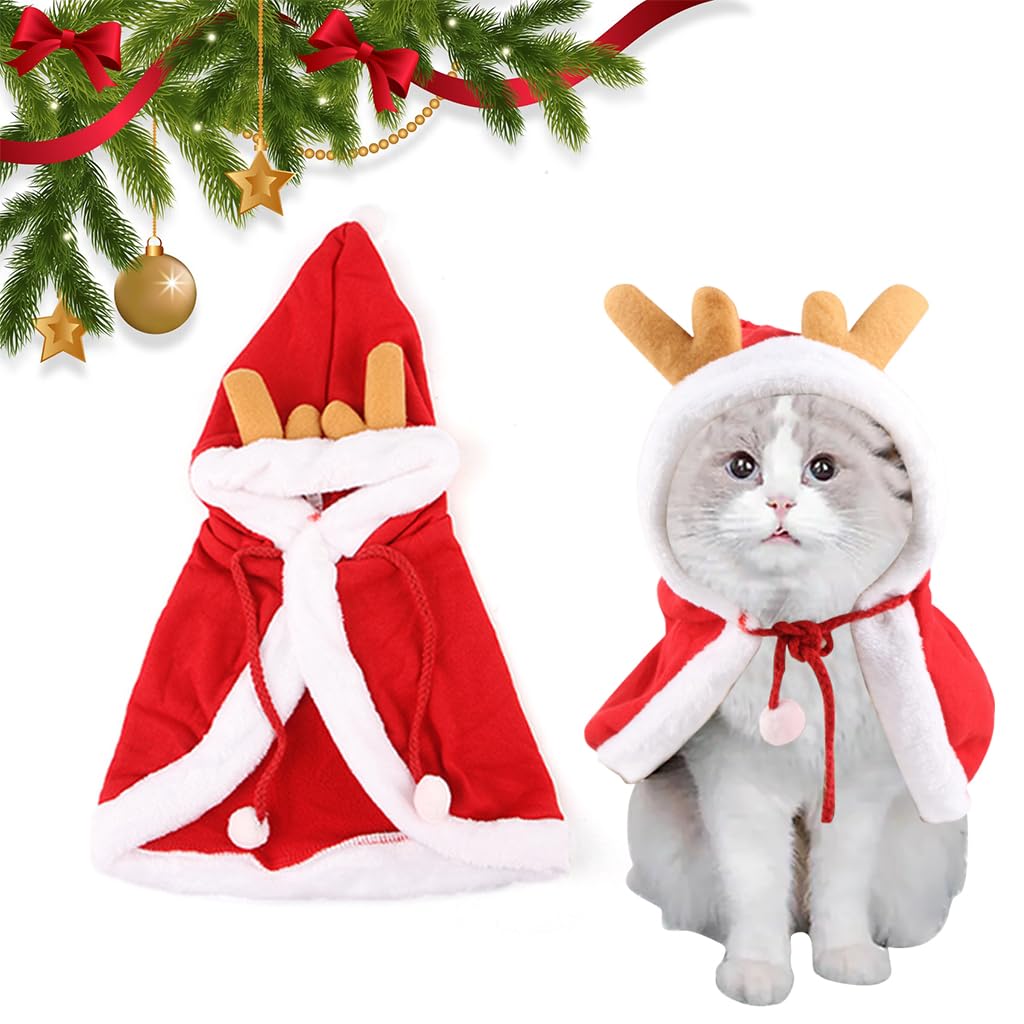 Qpets® Chrismat Cat Clothes, Dress Up Clothes Chrismat Red Elk Cloak for Cat Warm Plush Cloak Adjustable Drawstring Hat Christmas Party Clothes for Cat, L