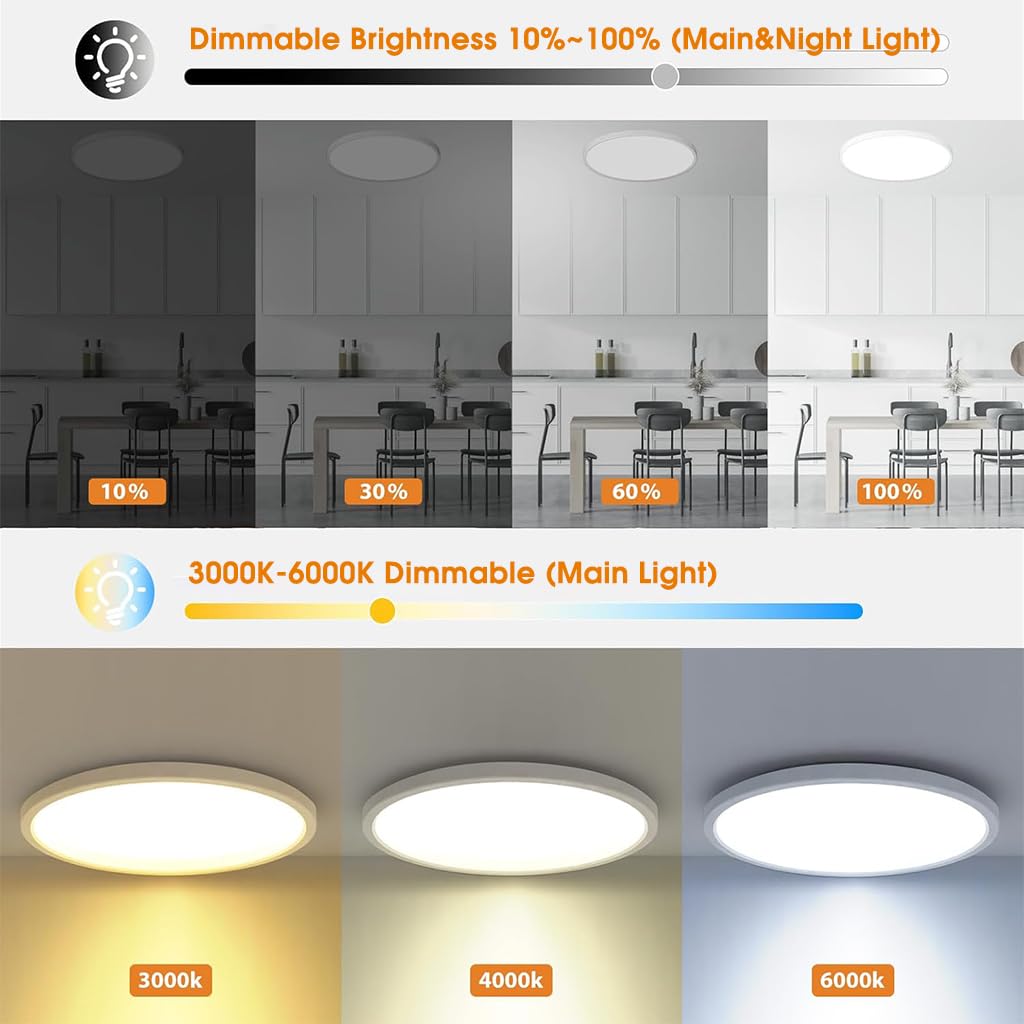 ELEPHANTBOAT LED Ceiling Light with Remote Control 24 W 3 Color Dimmable White | 1800K Night Light