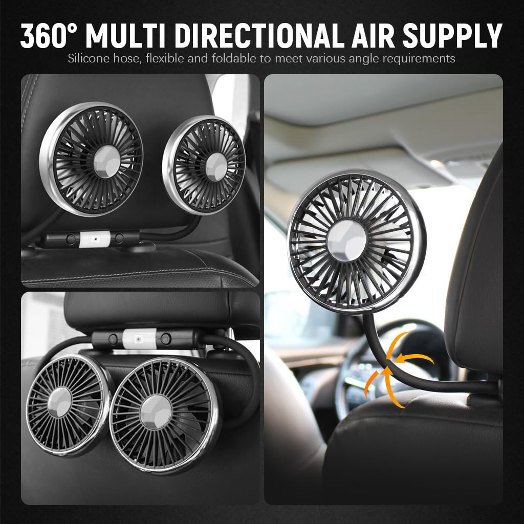 STHIRA Car USB Fan for Back Seat with Dual Head 3 Speed Control and 360° Rotation | Ideal for Cars and SUVs
