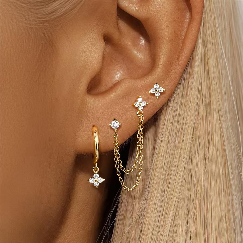 SANNIDHI Earrings Set for Women featuring 3 Pairs Zircon Stud Hoop and Chain Styles | Hypoallergenic Gold Jewelry