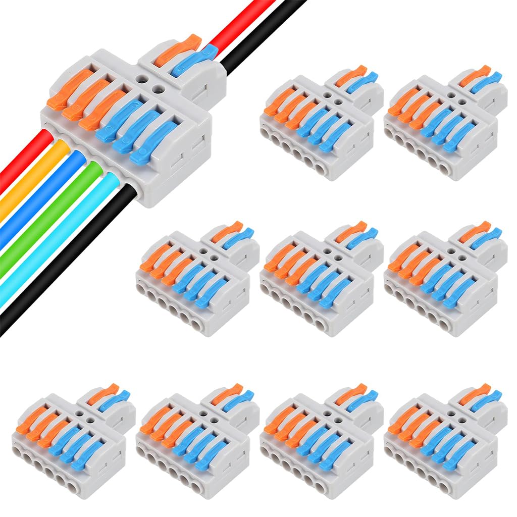 Serplex® 10Pcs Lever-Nut Wire Connectors, 2 In to 6 Out Conductor Compact Electrical Connectors, Quick Wiring Cable Connectors Push-in Conductor Terminal Blocks, Flame Retardant PA/PC