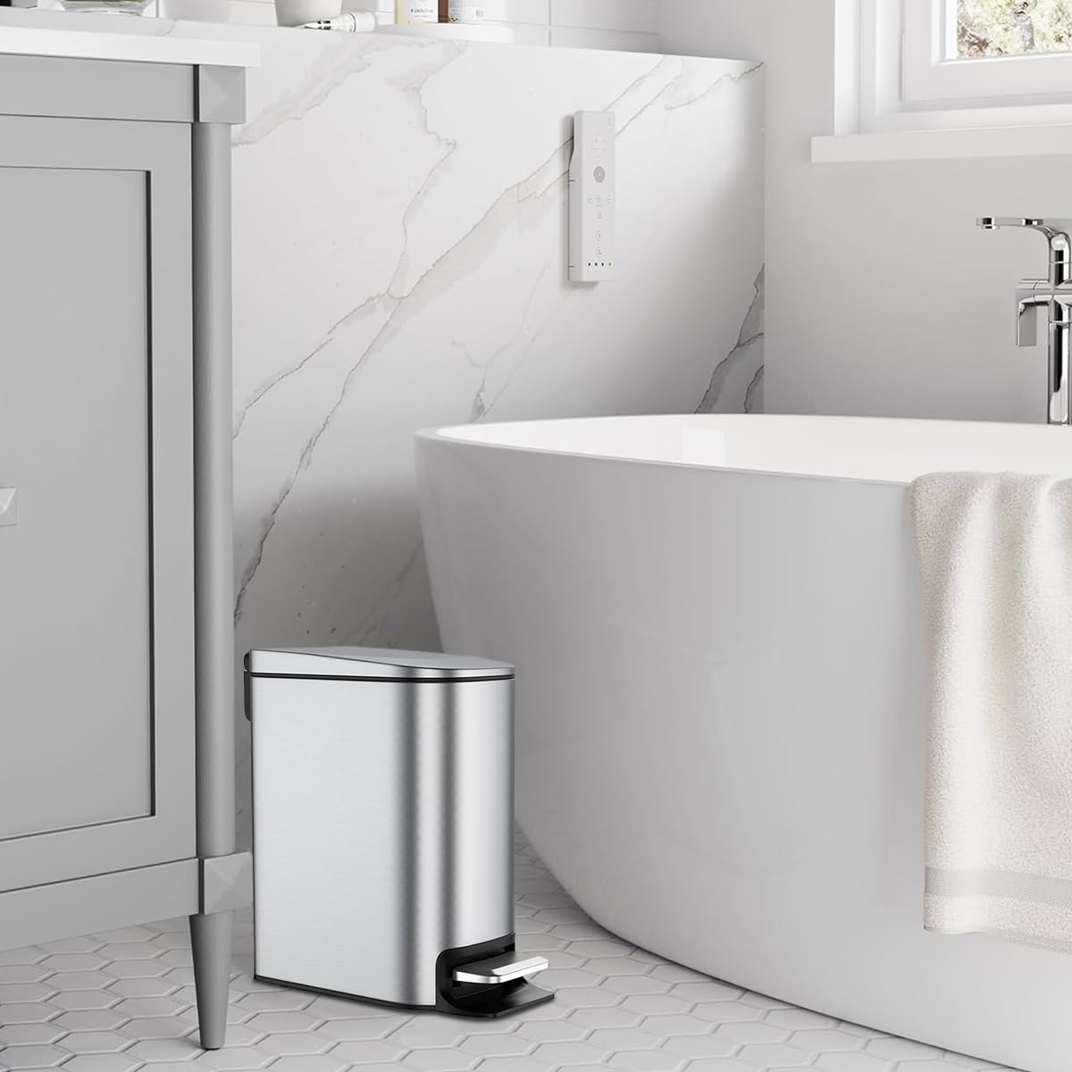 HASTHIP Slim Bathroom Trash Can for Small Spaces with Soft Close Pedal Lid 6 L Stainless Steel Bin