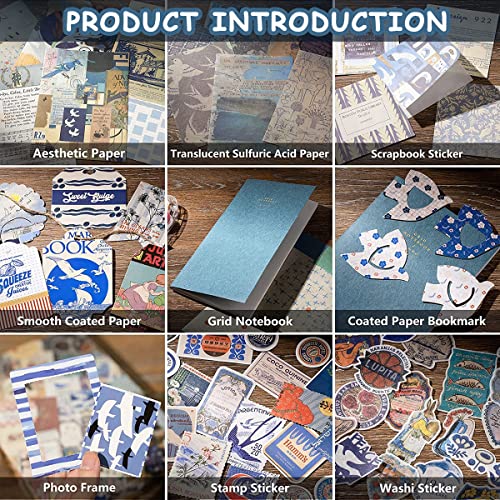 HASTHIP® Paper Scrapbook Stickers Supplies Kit Diy For Journaling Scrapbooking Retro Aesthetic Bullet Junk Journals Notebook Blue 3 PCS