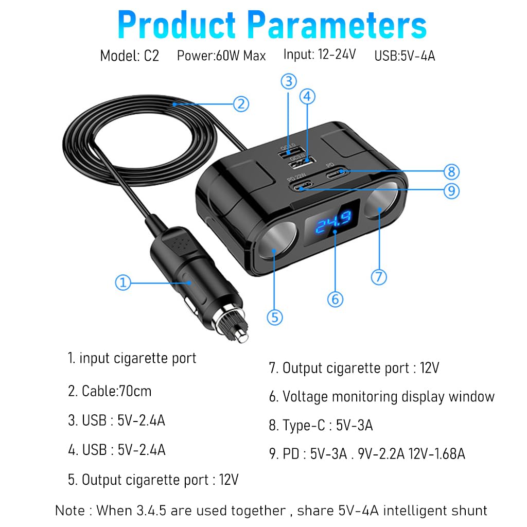 STHIRA Car Charger, 60W Cigarette Lighter Splitter with PD 22W Type-C, QC USB Ports, 12V/24V Car Charger Car Lighter Adapter with LED Voltage Display Car Charger Fast Charging for GPS Phone