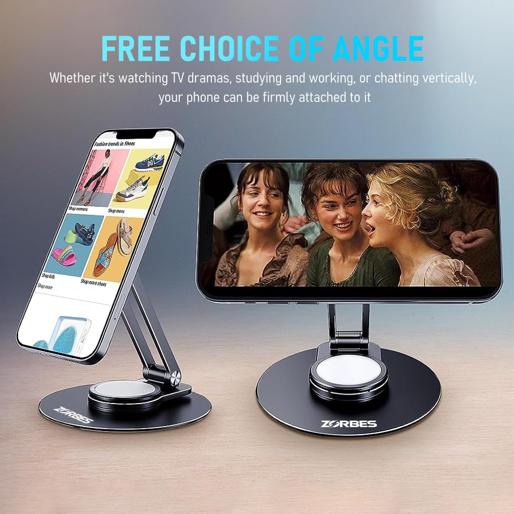 ZORBES Magnetic Desk Phone Stand for iPhone 14 13 12 Series with 360 Rotation Base | 2PCS Foldable Aluminum Holder
