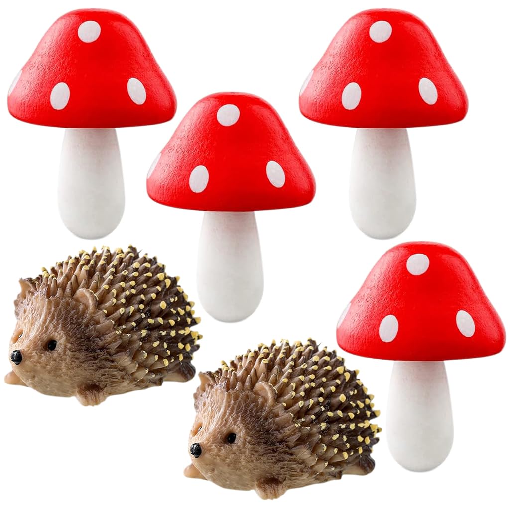 Supvox® 6Pc Miniature Garden Decor - Resin Hedgehogs & Wood Mushroom - Fairy Garden Decor - Moss Landscape Miniature Decorations - Suitable for Moss Landscape, Garden Ornaments, Flower Pots, Dollhouse