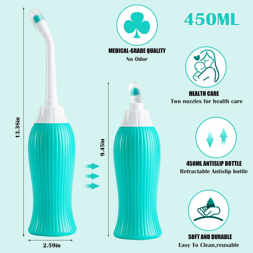 HANNEA® 450ml Portable Retractable Travel Bidet with Bag/2 Nozzles for Toilet Handheld Postpartum Perineal Cleansing Childbirth Cleaner - for Outdoor,Camping,Personal Hygiene (Green)