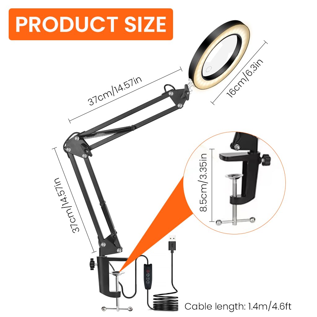 HASTHIP Desk LED Magnifier for Repairing and Reading with 15X Lens and Flexible Arm | 3-Color USB Lamp