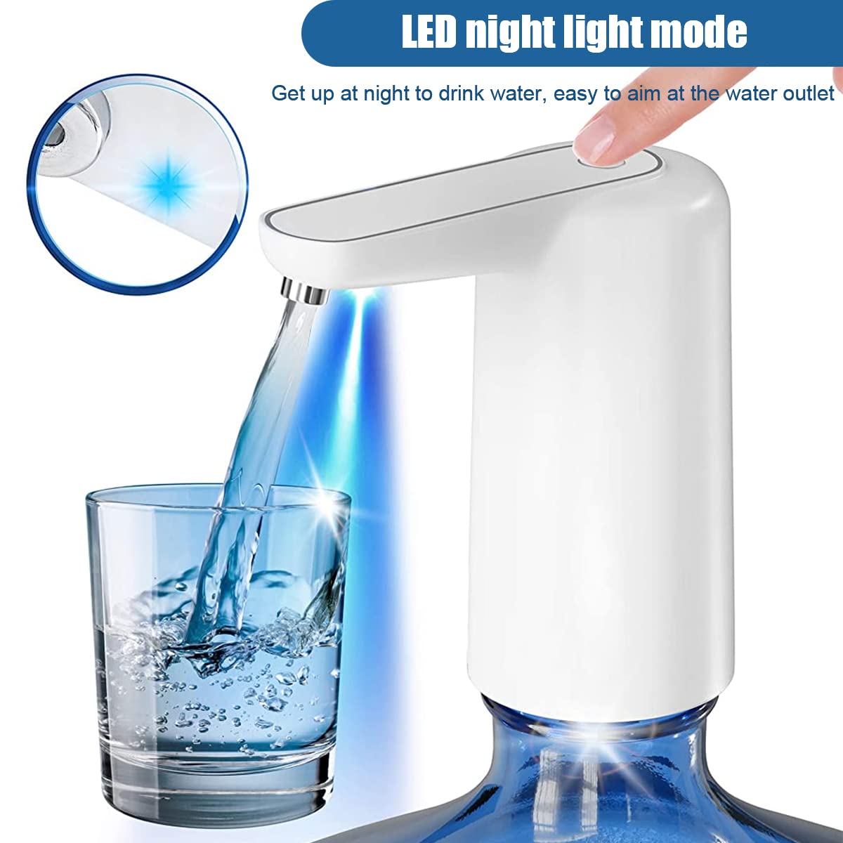 HASTHIP Automatic Water Dispenser Pump for Home and Office with LED Light and USB Rechargeable Battery | Fits 2.16 in Water Can Neck