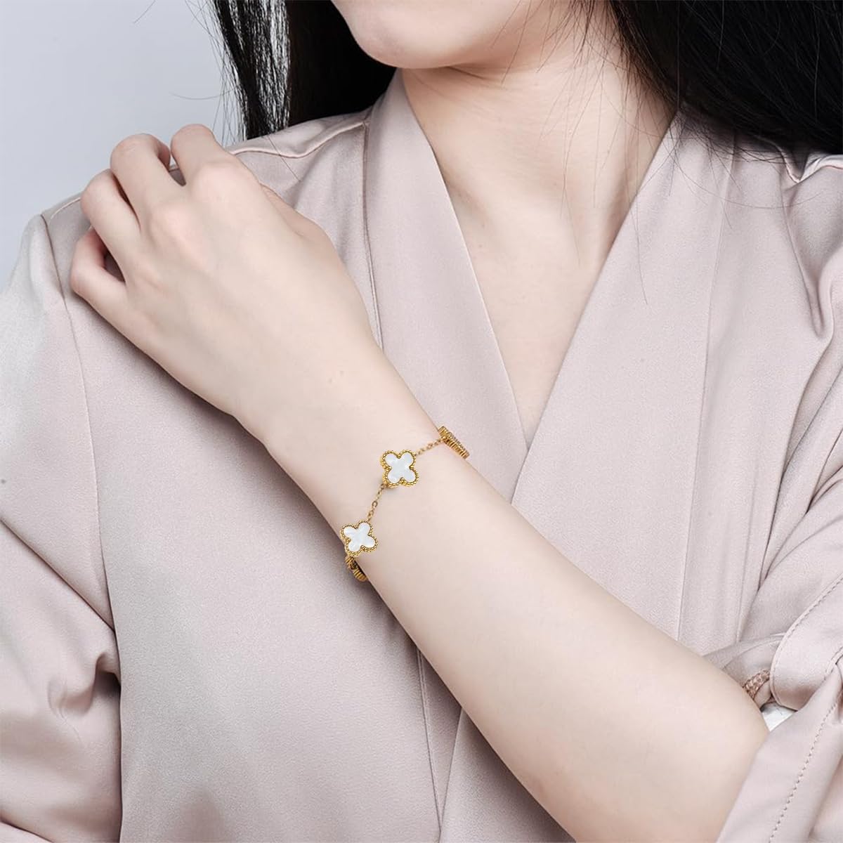 Brand Four Leaf Clover Bracelet for Women with 6.41+1.9 in Adjustable Chain | 18K Gold Plated Stainless Steel Lucky Charm Jewelry