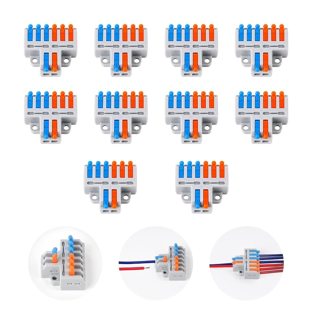 Serplex® 10Pcs Lever-Nut Wire Connectors, 2 In to 6 Out Conductor Compact Electrical Connectors, Quick Wiring Cable Connectors Push-in Conductor Terminal Blocks, Flame Retardant PA/PC