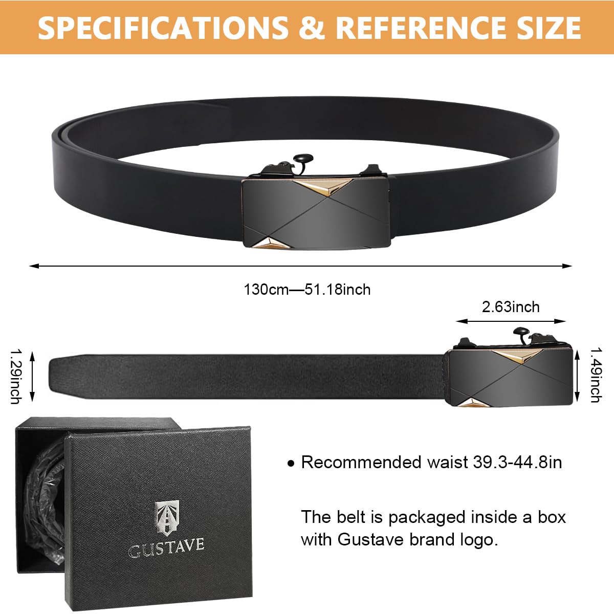 GUSTAVE® Men's Leather Belt Adjustable Auto Lock Buckle Belt for Men (Black-I)