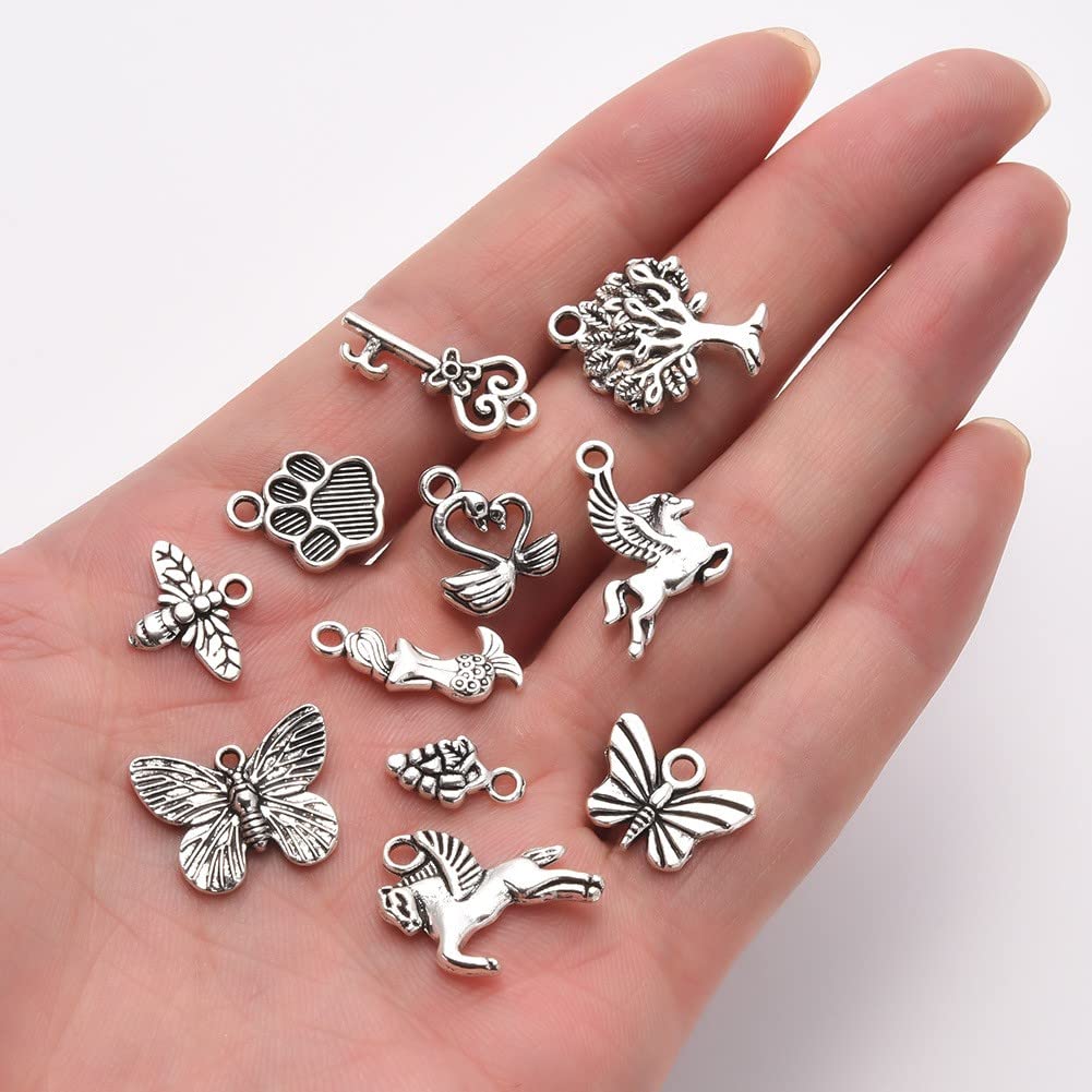 ZIBUYU® Pendant Charms for Jewellery Making Kit Accessories Silver Metal Pendants Charms Silver Plated DIY Charms for Necklace Bracelets Pendent for Crafting - 100 Pcs