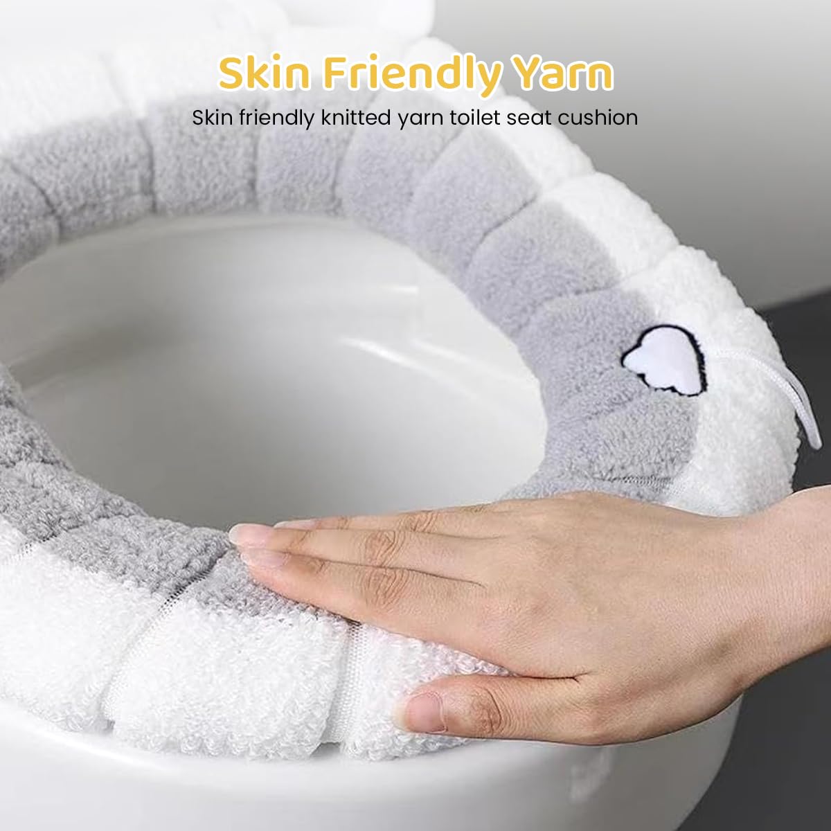 HASTHIP Soft Plush Winter Toilet Seat Cover with Elastic Edge and Loop in Grey and White | Acrylic Fiber Bathroom Seat Warmer for Comfort