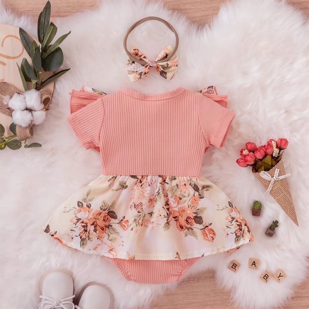 ZIBUYU New Born Baby Dress with Bow Headband featuring Snap Closure and Soft Cotton | 0–3 Months Girl Outfit