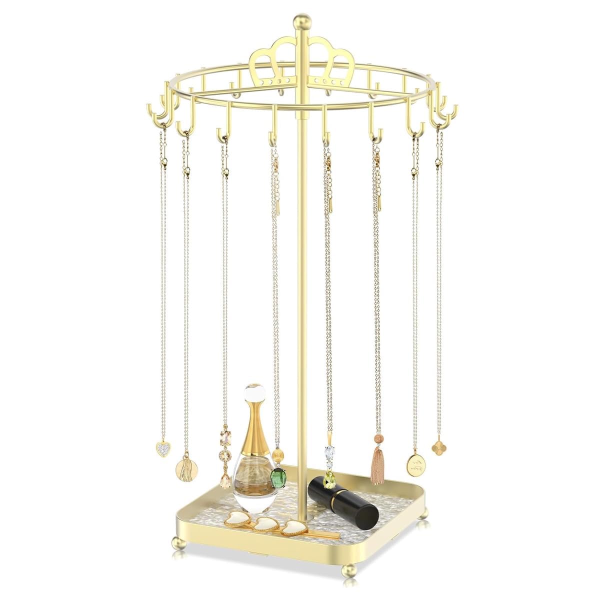MAYCREATE Rotating Metal Necklace Holder Organizer with Acrylic Tray and 18 Hooks | Space-Saving Jewelry Display Stand