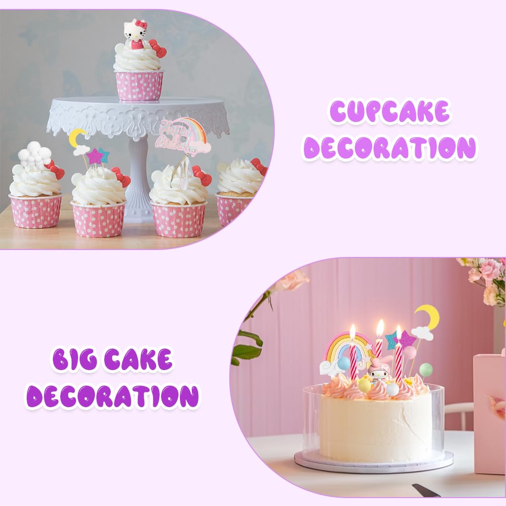 HASTHIP Cake Toppers Set 18Pcs for Birthday and Shower Parties featuring Silicone Characters and Rainbow Balloons