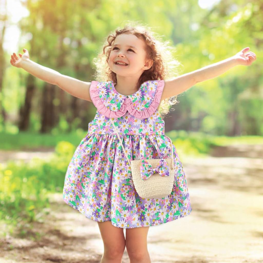 Zibuyu Floral Baby Girl Dress for Summer with Straw Sling Bag and Soft Cotton Fabric | Pink Daisy Print Birthday Outfit 90–100 cm