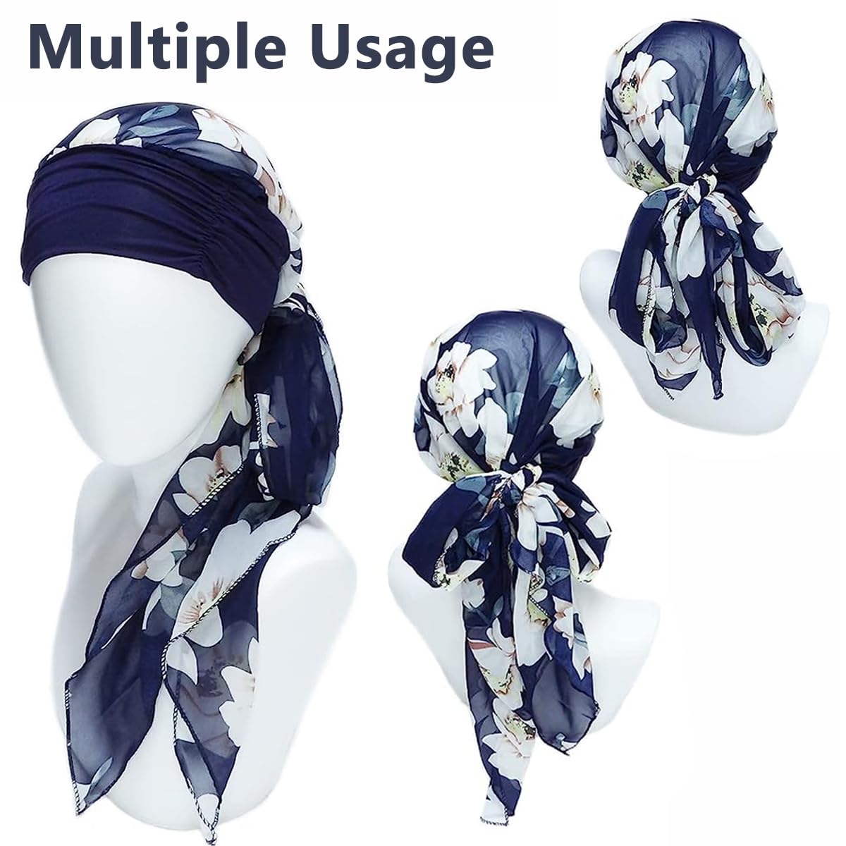 PALAY Chiffon Head Scarf for Women with 32cm Elastic Band and 86cm Tails | Floral Print