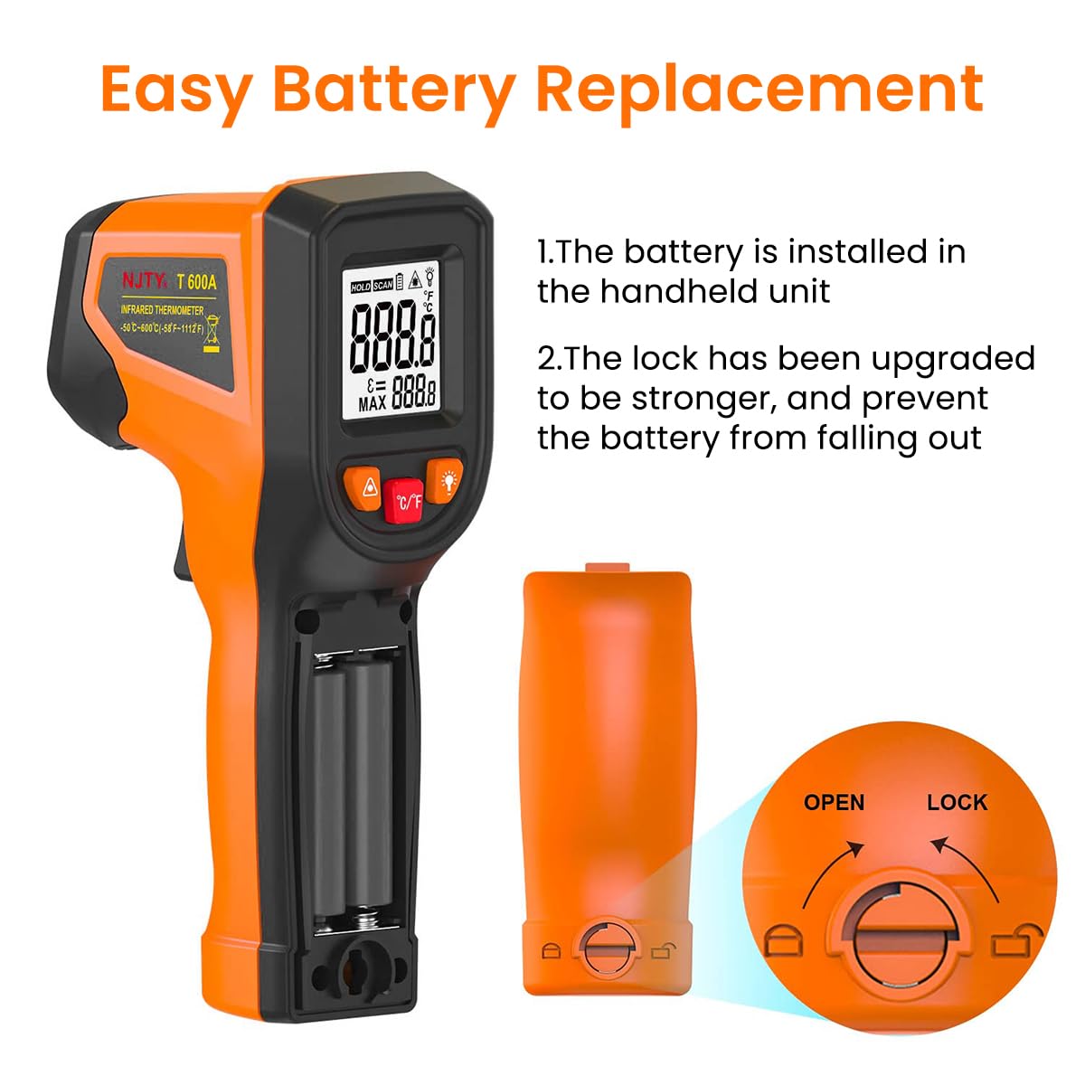 Serplex® Infrared Thermometer, Handheld Digital LCD Display Non Contact Laser Temperature Gun -50-600°C (-58-1112°F) for Household Industrial Use for Cooking, Pizza Oven (Battery Not Included)