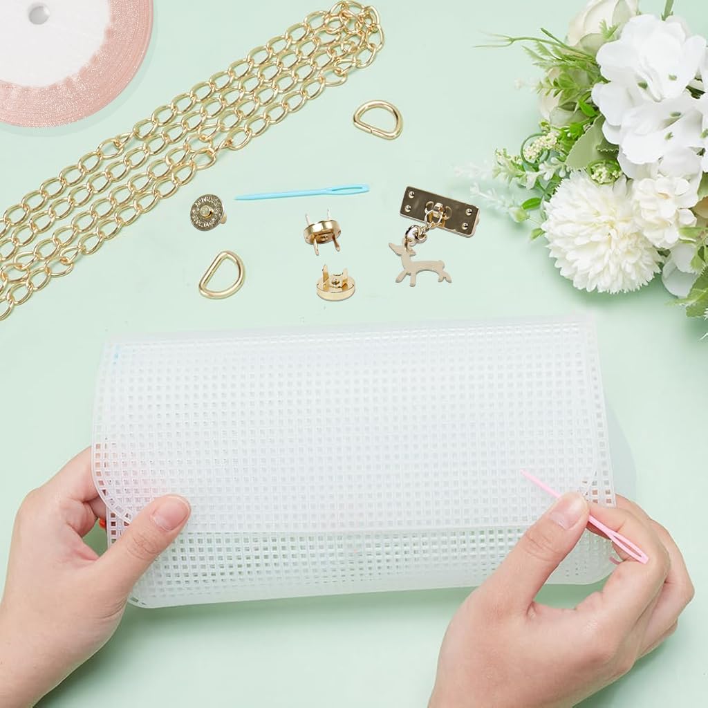 HASTHIP Plastic Mesh Canvas Sheet for Bag Making with Golden Chain & Acrylic Yarn Kit | 3PCS DIY Crochet Craft Set