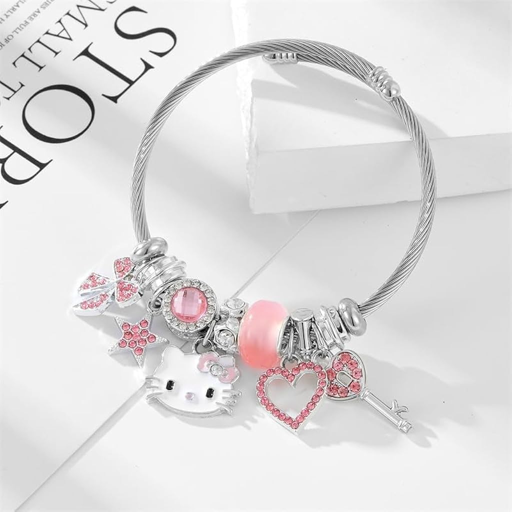 SANNIDHI Kawaii Girls Bracelet Cute Hello Kitty Bangle Pink Reshinestone Shining Girls Bangle Friendship Bracelet Stainless Steel Adjustable Hello Kitty Bangle for Girls Jewelry Gift for Girls