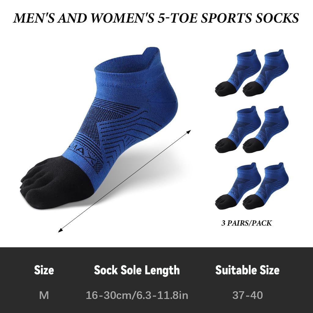 Proberos Five Toe Running Socks for Exercise with Anti Skid Grip Sole and Moisture Wicking Cotton | 3 Pair Blue Ankle Socks for Men
