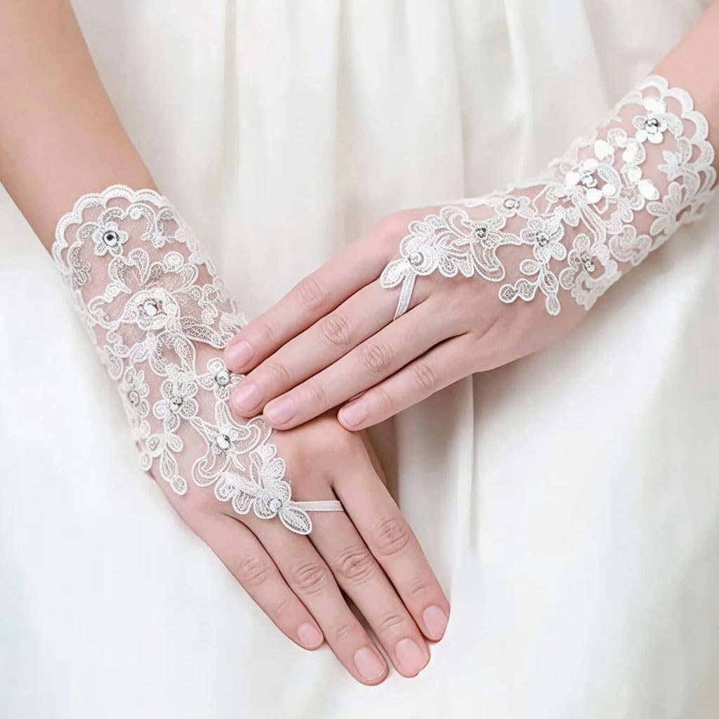 Zibuyu Elegant White Lace Fingerless Gloves for Weddings and Parties | Stretch Mesh Bridal Accessory