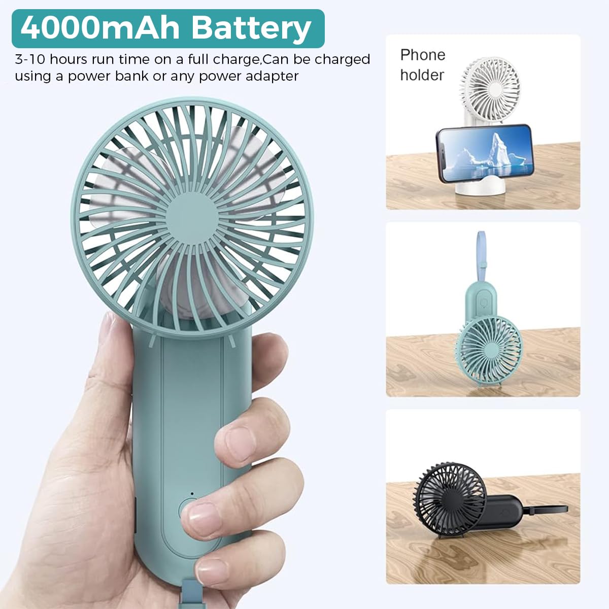 HASTHIP® USB Portable Fan USB Mini Handheld Fan with Charging Function 2 in 1 Travel USB Mini Fan 4 Switchable Speeds Sleek Folding Pocket Fan with Stand Base, Green