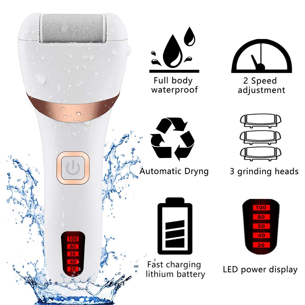 ELEPHANTBOAT Electric Callus Remover for Feet with 3 Quartz Heads and IPX7 Waterproof | Rechargeable 1200mAh Pedicure Tool