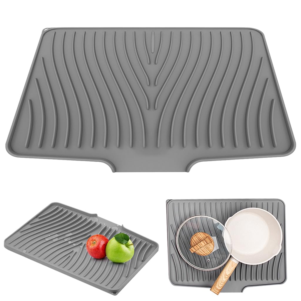 Supvox Dish Drying Mat for Kitchen featuring Built in Drain Lip 17.3 x 13 in Silicone Grey
