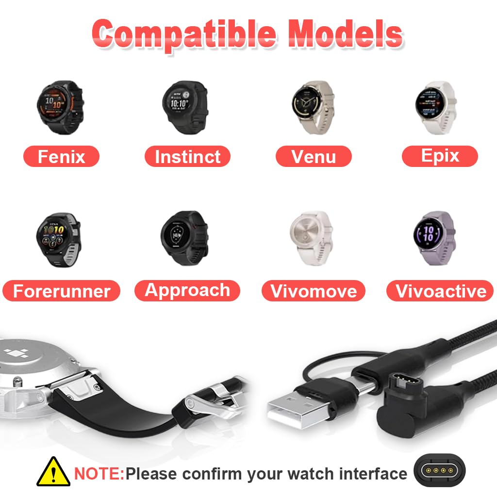 ZORBES Charger Cable for Garmin Watch 3.3 ft with Type C & 4 Pin Connector | Nylon Braided