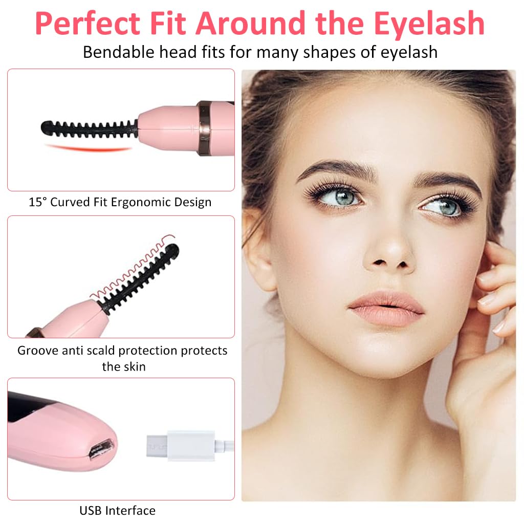 MAYCREATE Heated Eyelash Curler with 3 Temperature Modes and 15° Curved Comb | USB Rechargeable