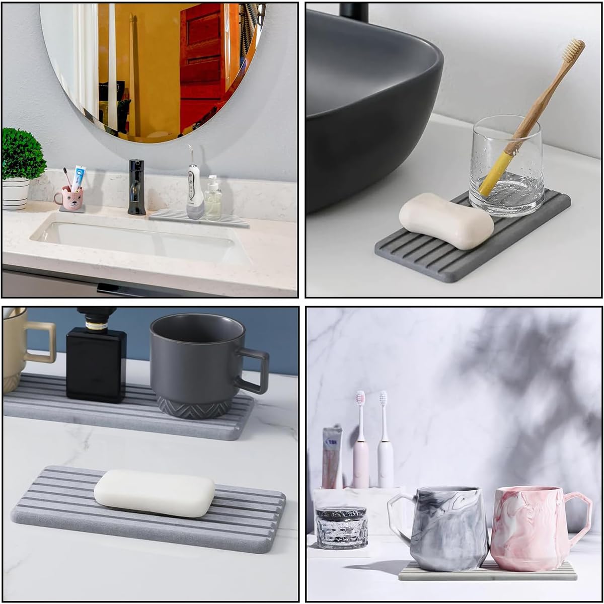 Supvox Water Absorbent Diatomite Coasters for Bathroom and Kitchen featuring Grooved Design 8.3 x 4 in Grey | Non Slip Tray and Soap Holder
