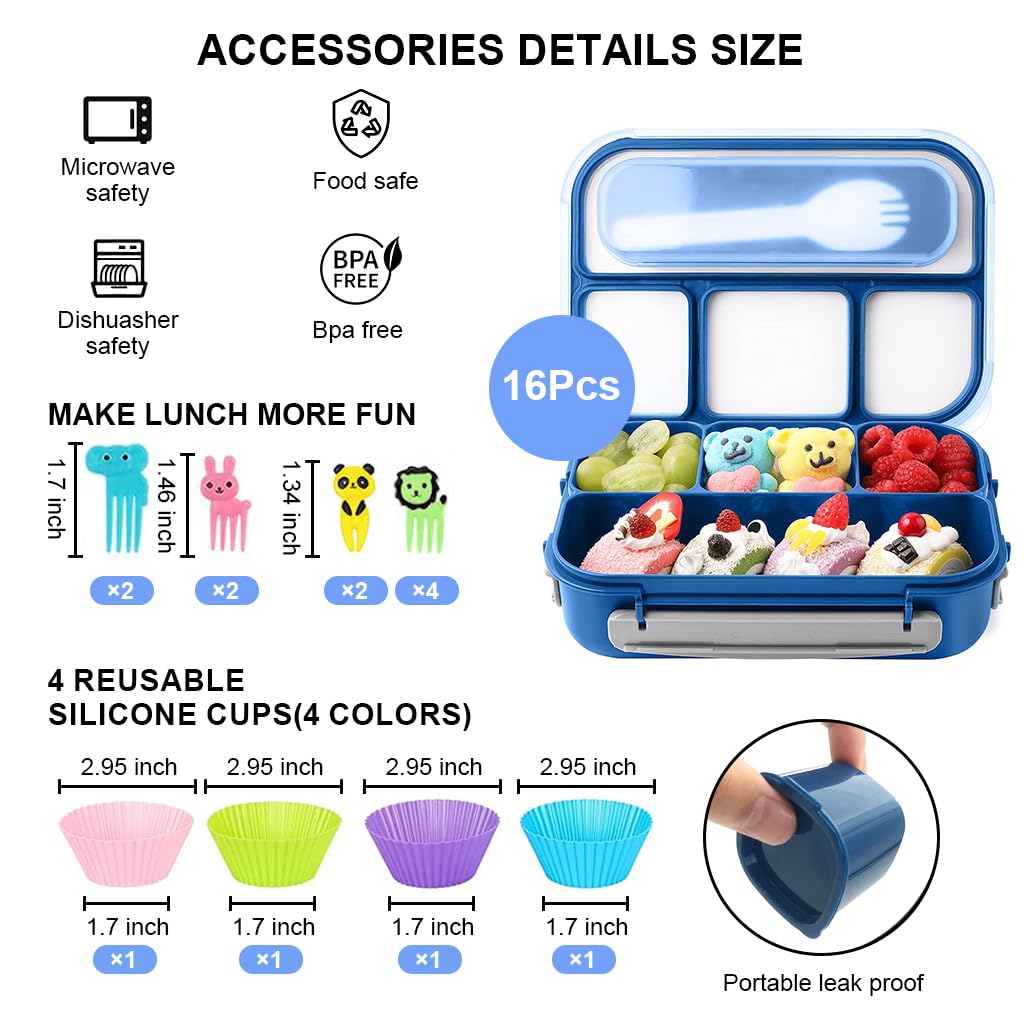 Supvox® Lunch Box for Kids School Bento Box for Kids 4 Compartments Bento Box Fruit Box for Kids to School, with 4 Samll Cups, Kids Fruit Picks, Mini Sauce Box, School Lunch Box for Kids, Blue