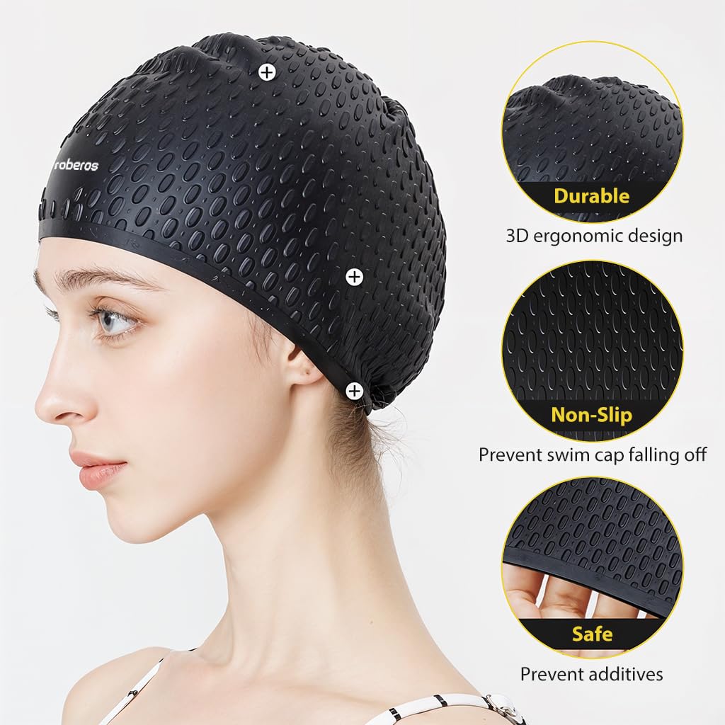 Proberos Swimming Cap for Men and Women with Silicone Fit for 55–60 cm Heads | Black Waterproof Hair Protection