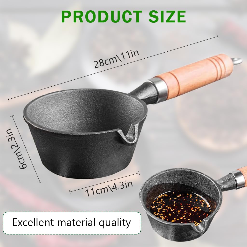 Supvox Cast Iron Tadka Pan for Oil Heating with Wooden Handle and Easy Pour Nozzle | 1 Liter