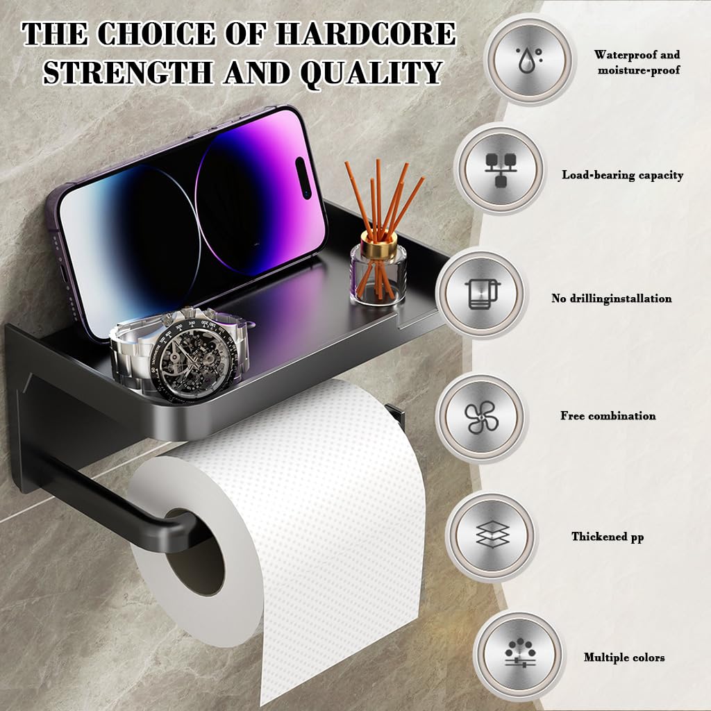 HASTHIP Toilet Paper Roll Holder for Bathroom with Mobile Shelf and Self Adhesive Mount 18x10x8cm Black