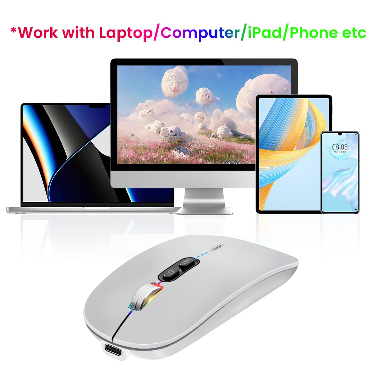 Verilux® Wireless Mouse Upgrade Three Modes 2.4G & Bluetooth 3.0 & Bluetooth 5.1 Wireless Fashion Ultra Slim Silent Mouse Game Mouse with Adjustable DPI for iPad, Laptop, PC, Mac, Windows