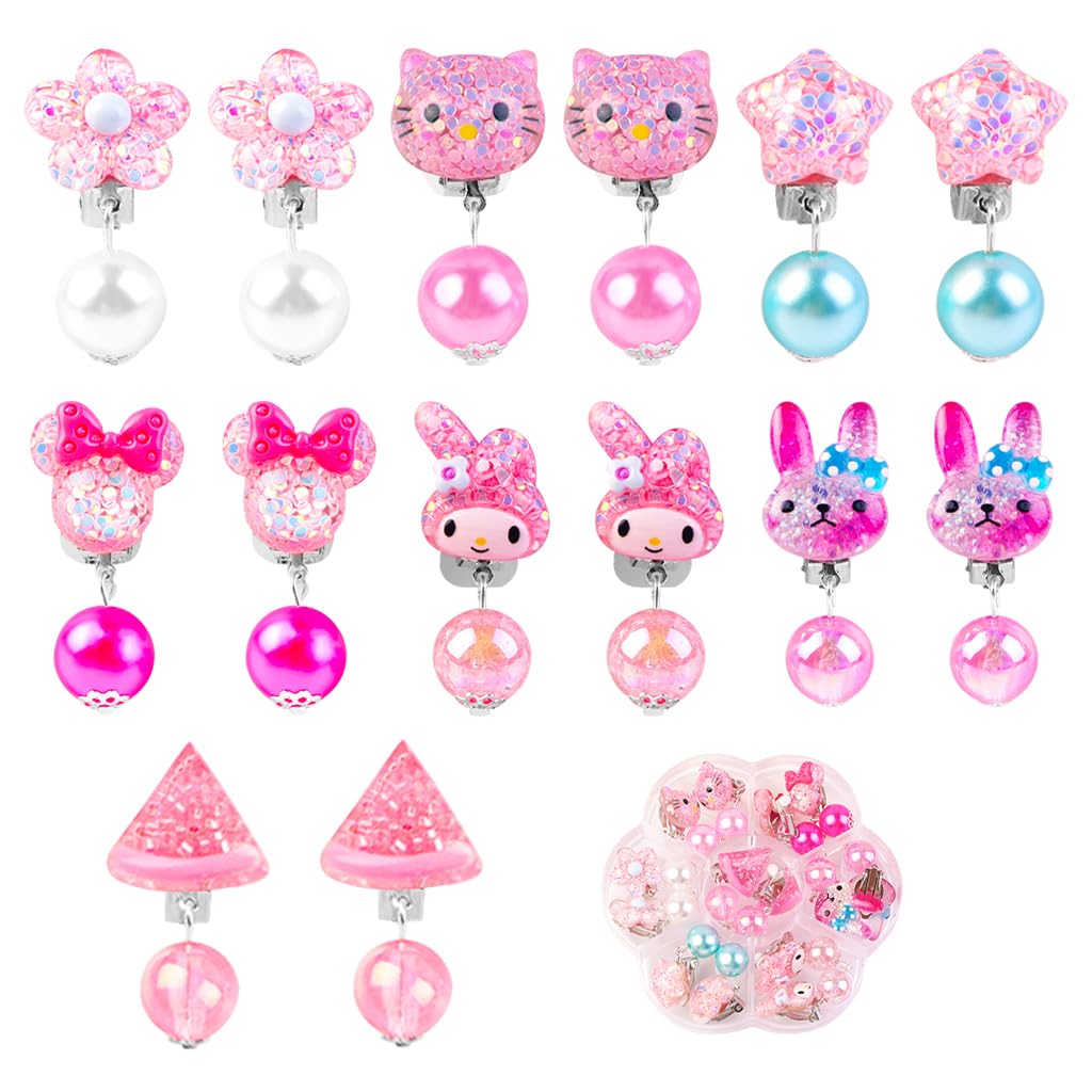 MAYCREATE® 7 Pairs Kawaii Girls Earrings Non-piercing Pink Cartoon Kitty Earrings Charming Resin Clip On Earrings for Girls Kawaii Fashion Girls Clip On Earrings Jewelry Gift for Girls