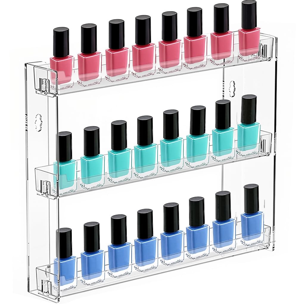 MAYCREATE Wall Mount Nail Polish Organizer for Makeup and Beauty Storage featuring 3 Tiers Clear Acrylic Design | No Drill Space Saver