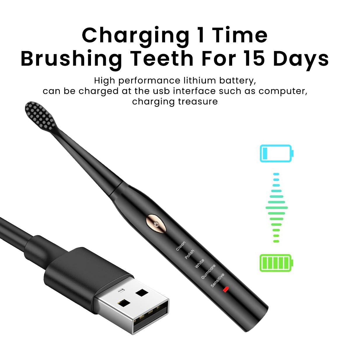 HANNEA® USB Electric Toothbrush Ultra-sonic Electric Toothbrush with 4 Replacement Bristles Brush Heads, USB Rechargeable Toothbrush with 5 Modes, IPX7 Waterproof Electric Toothbrush